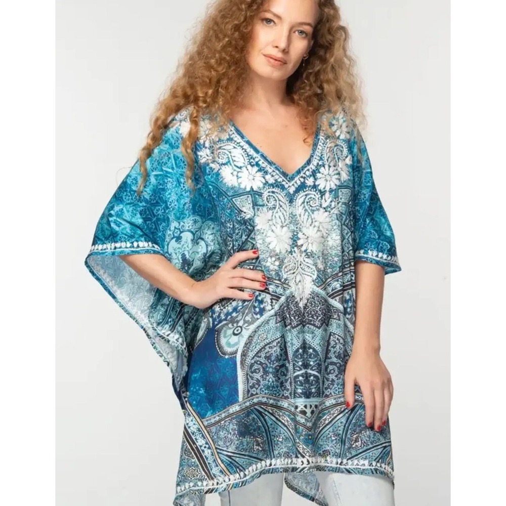 Sievya Handmade Women's‎ Blouse Boho Embroidered Floral Blue Travel Beach Cafton